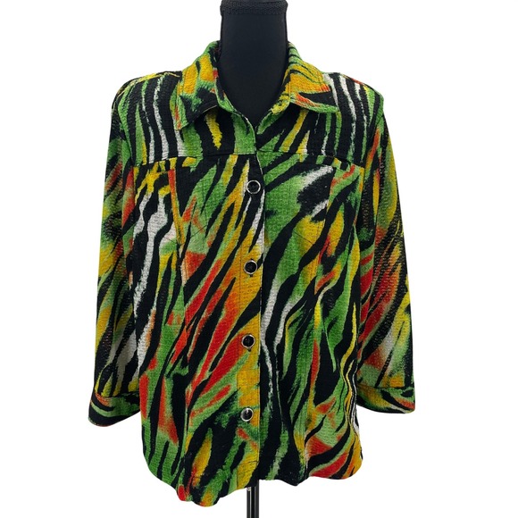 Southern Lady Jackets & Blazers - Southern Lady Green Zebra Animal Print Honeycomb  Button Up Jacket Size L